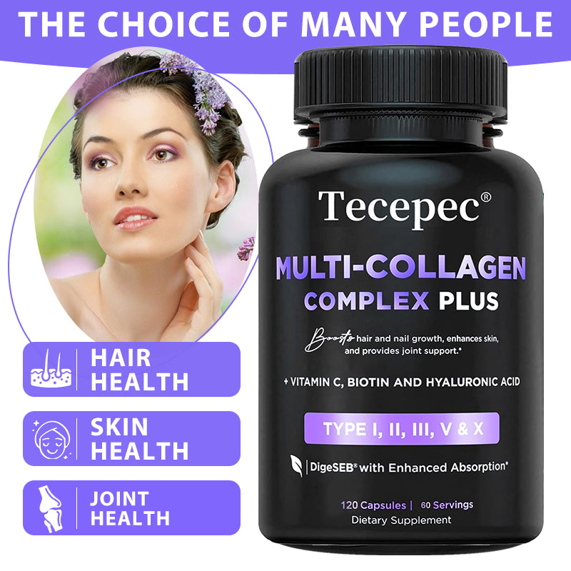 Tecepec® Multi-Collagen Complex Plus (Types I, II, III, V, X) – with Biotin, Hyaluronic Acid & Vitamin C for Hair, Skin, Nails & Joint Health