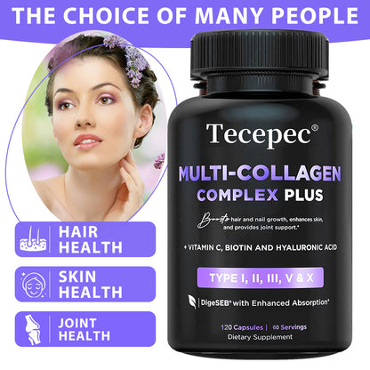 Tecepec® Multi-Collagen Complex Plus (Types I, II, III, V, X) – with Biotin, Hyaluronic Acid & Vitamin C for Hair, Skin, Nails & Joint Health