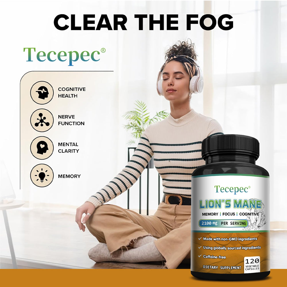 Tecepec® Lion's Mane Mushroom Extract 2100mg – Nootropic Supplement for Memory, Focus, Cognitive & Mood Support (120 Capsules)