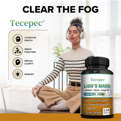 Tecepec® Lion's Mane Mushroom Extract 2100mg – Nootropic Supplement for Memory, Focus, Cognitive & Mood Support (120 Capsules)