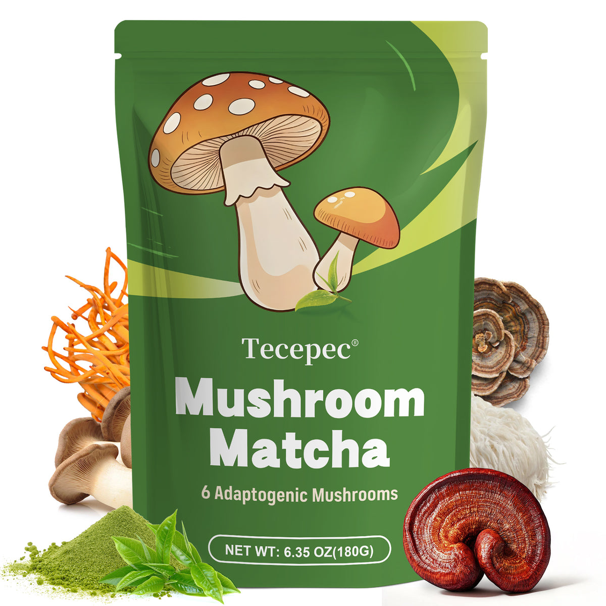 Tecepec® Mushroom Matcha Powder – Organic Matcha Green Tea with 6 Adaptogenic Mushrooms for Sustained Energy, Focus & Immunity