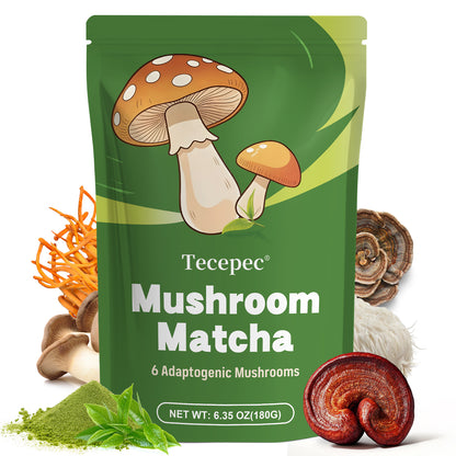 Tecepec® Mushroom Matcha Powder – Organic Matcha Green Tea with 6 Adaptogenic Mushrooms for Sustained Energy, Focus & Immunity
