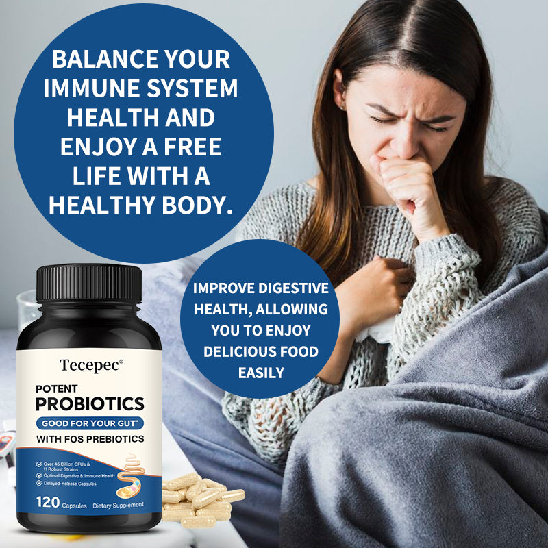 Tecepec® Potent Probiotics with FOS Prebiotics (45+ Billion CFUs) – Delayed-Release Digestive & Immune Health Support Supplement (120 Capsules)