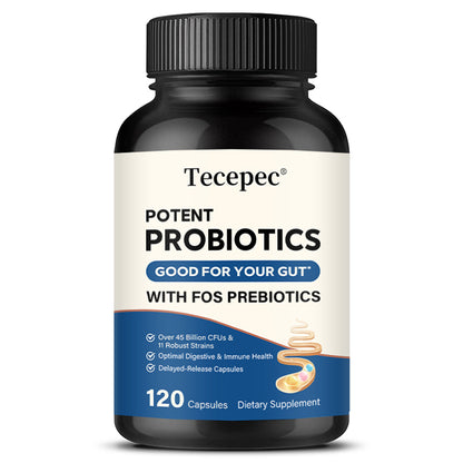 Tecepec® Potent Probiotics with FOS Prebiotics (45+ Billion CFUs) – Delayed-Release Digestive & Immune Health Support Supplement (120 Capsules)