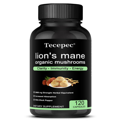 Tecepec® Organic Lion's Mane Mushroom Extract 2800mg – High Potency Nootropic with Black Pepper for Clarity, Immunity & Energy