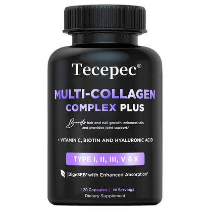 Tecepec® Multi-Collagen Complex Plus (Types I, II, III, V, X) – with Biotin, Hyaluronic Acid & Vitamin C for Hair, Skin, Nails & Joint Health