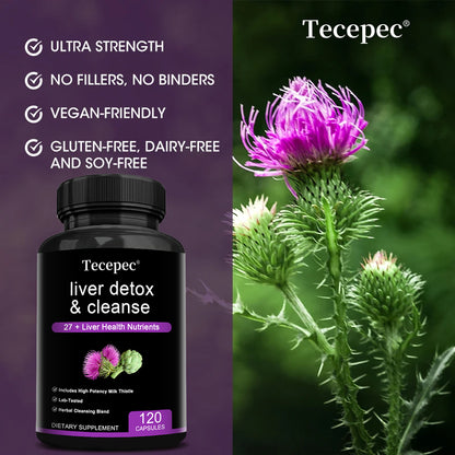 Tecepec® Liver Detox & Cleanse Capsules (27+ Nutrients) – High Potency Milk Thistle & Herbal Support Supplement