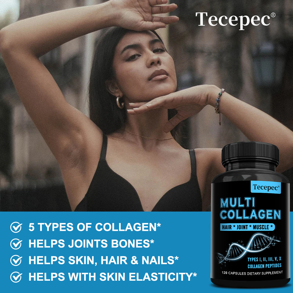 Tecepec® Multi Collagen Peptides Capsules (Types I, II, III, V, X) – Joint, Bone Growth, Muscle & Hair Health Support (120 Capsules)
