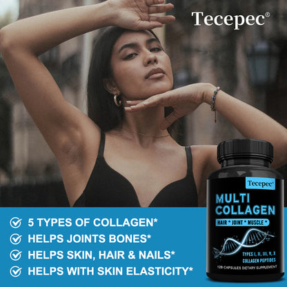 Tecepec® Multi Collagen Peptides Capsules (Types I, II, III, V, X) – Joint, Bone Growth, Muscle & Hair Health Support (120 Capsules)