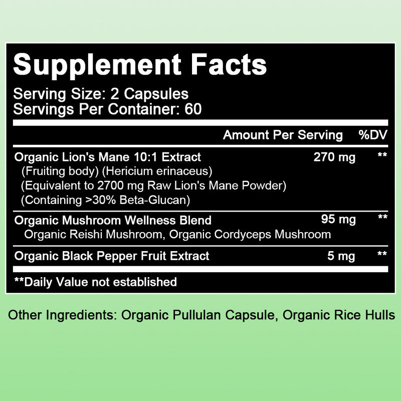 Tecepec® Organic Lion's Mane Mushroom Extract 2800mg – High Potency Nootropic with Black Pepper for Clarity, Immunity & Energy