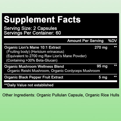 Tecepec® Organic Lion's Mane Mushroom Extract 2800mg – High Potency Nootropic with Black Pepper for Clarity, Immunity & Energy