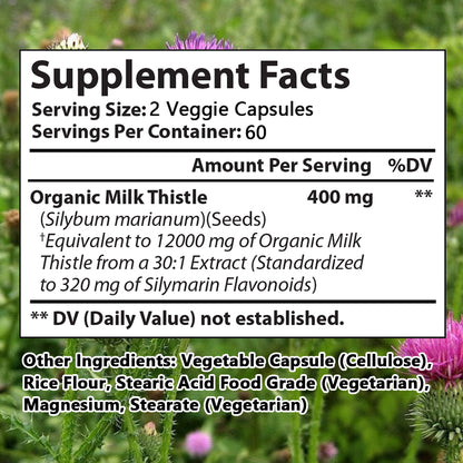 Tecepec® Organic Milk Thistle Extract | 12000mg Equivalent 30:1 High Potency Complex with Silymarin Flavonoids, Powerful Antioxidant, Liver Health & Detox Support