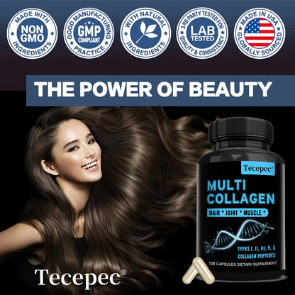 Tecepec® Multi Collagen Peptides Capsules (Types I, II, III, V, X) – Joint, Bone Growth, Muscle & Hair Health Support (120 Capsules)