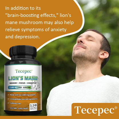 Tecepec® Lion's Mane Mushroom Extract 2100mg – Nootropic Supplement for Memory, Focus, Cognitive & Mood Support (120 Capsules)
