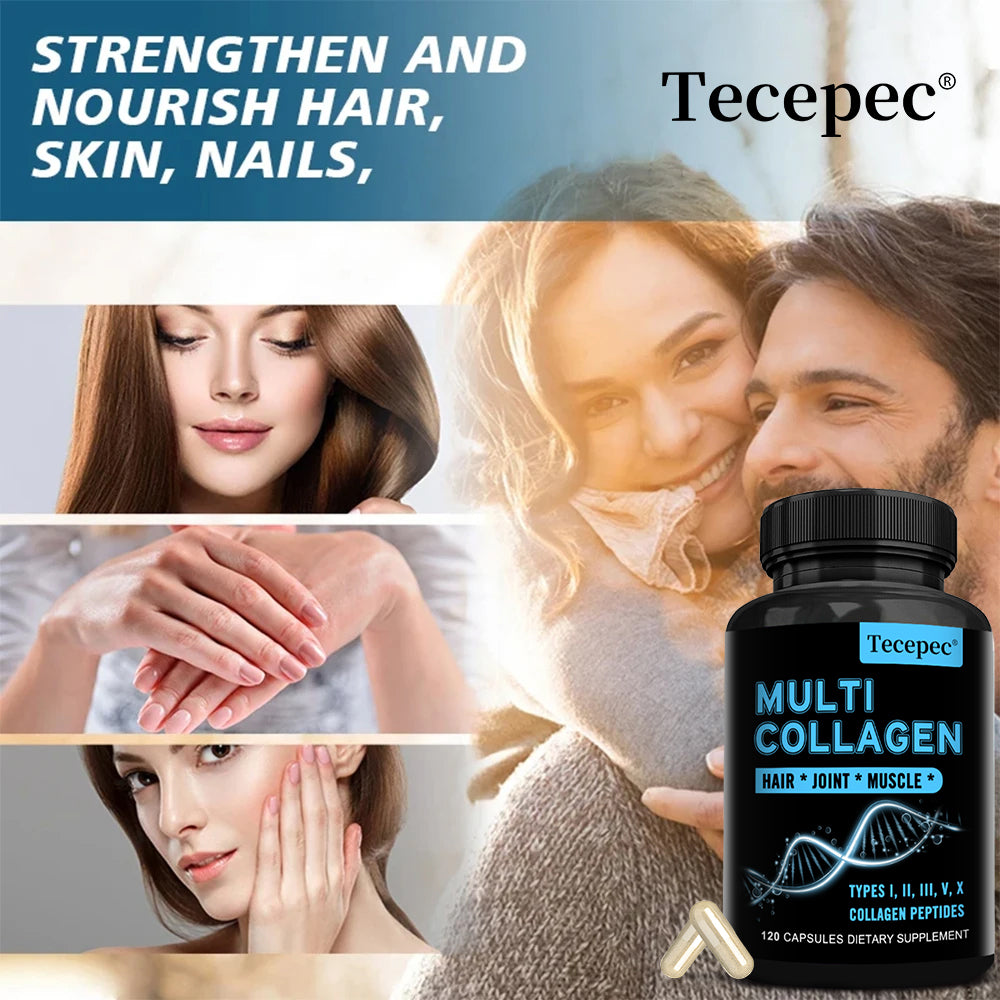 Tecepec® Multi Collagen Peptides Capsules (Types I, II, III, V, X) – Joint, Bone Growth, Muscle & Hair Health Support (120 Capsules)