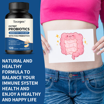 Tecepec® Potent Probiotics with FOS Prebiotics (45+ Billion CFUs) – Delayed-Release Digestive & Immune Health Support Supplement (120 Capsules)