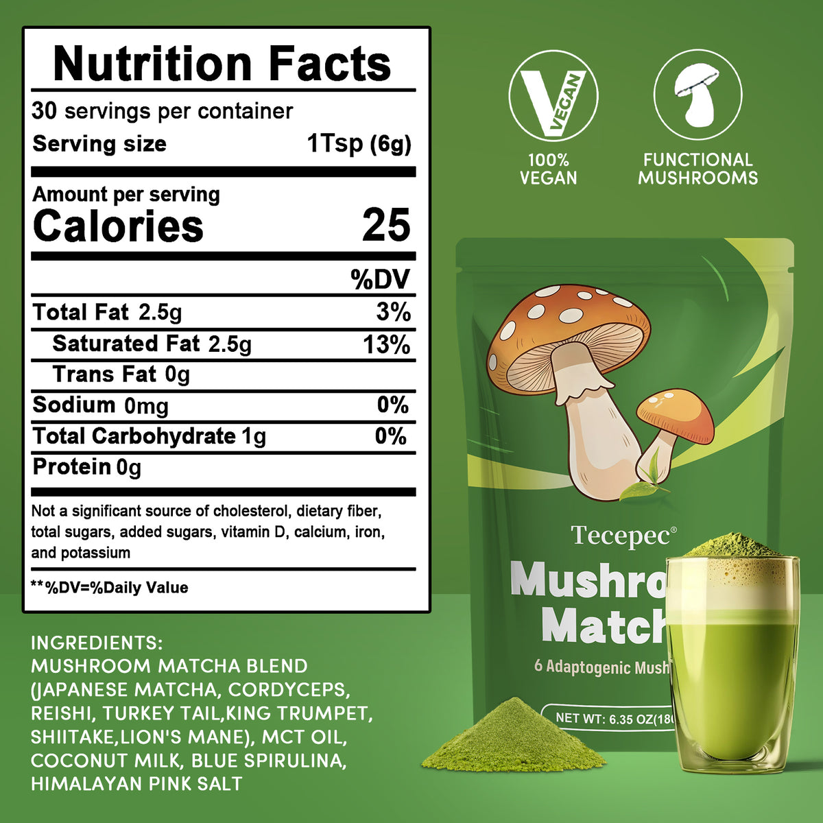 Tecepec® Mushroom Matcha Powder – Organic Matcha Green Tea with 6 Adaptogenic Mushrooms for Sustained Energy, Focus & Immunity