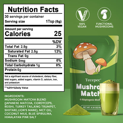Tecepec® Mushroom Matcha Powder – Organic Matcha Green Tea with 6 Adaptogenic Mushrooms for Sustained Energy, Focus & Immunity