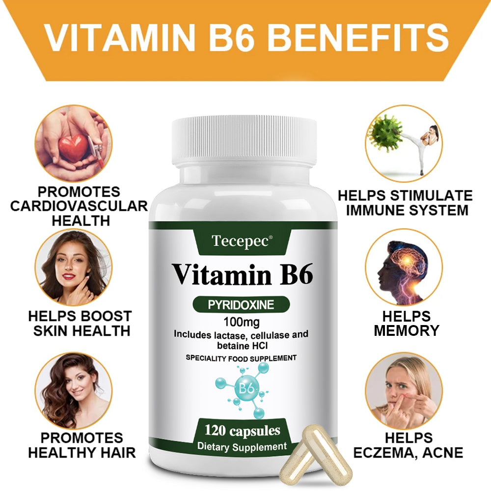 Tecepec® Advanced Vitamin B6 Pyridoxine Complex with Lactase, Cellulase & Betaine HCl | Energy Metabolism, Nervous System & Immune Support