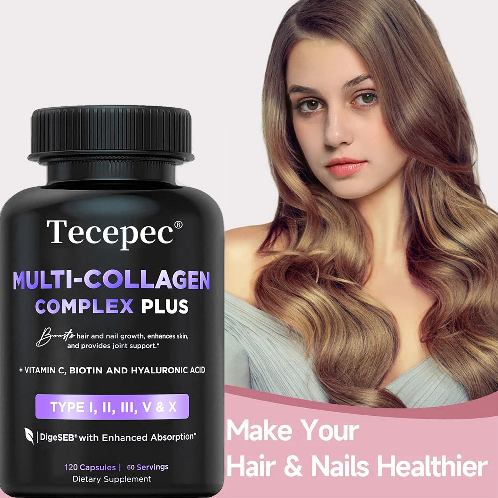 Tecepec® Multi-Collagen Complex Plus (Types I, II, III, V, X) – with Biotin, Hyaluronic Acid & Vitamin C for Hair, Skin, Nails & Joint Health
