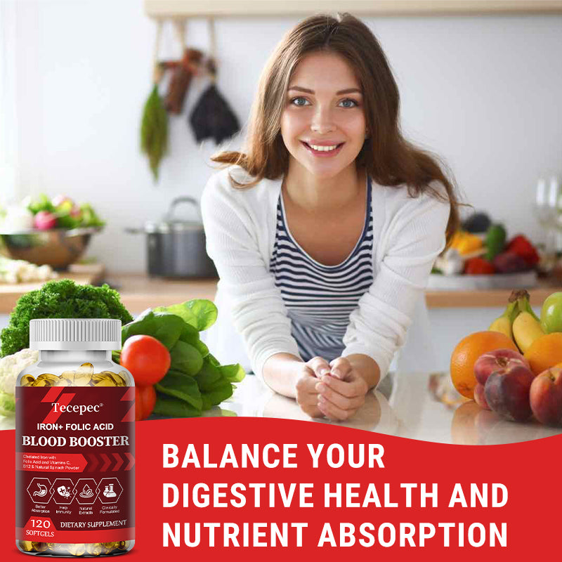 Tecepec® Iron + Folic Acid Blood Booster | Chelated Iron, Vitamins C & B12, and Natural Spinach Formula