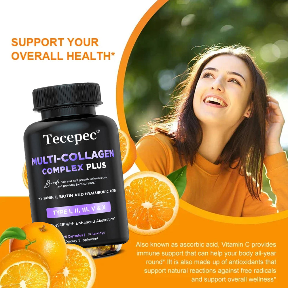 Tecepec® Multi-Collagen Complex Plus (Types I, II, III, V, X) – with Biotin, Hyaluronic Acid & Vitamin C for Hair, Skin, Nails & Joint Health