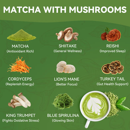 Tecepec® Mushroom Matcha Powder – Organic Matcha Green Tea with 6 Adaptogenic Mushrooms for Sustained Energy, Focus & Immunity