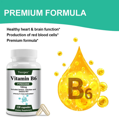 Tecepec® Advanced Vitamin B6 Pyridoxine Complex with Lactase, Cellulase & Betaine HCl | Energy Metabolism, Nervous System & Immune Support