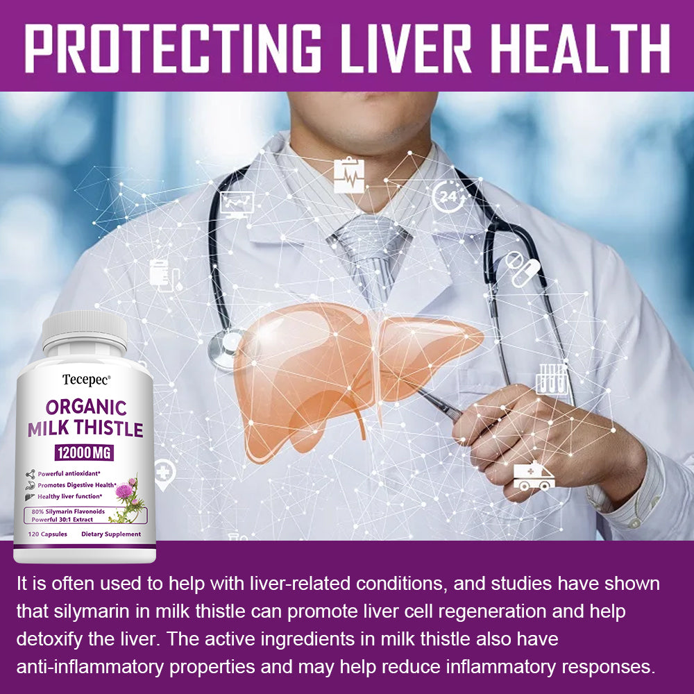 Tecepec® Organic Milk Thistle Extract | 12000mg Equivalent 30:1 High Potency Complex with Silymarin Flavonoids, Powerful Antioxidant, Liver Health & Detox Support