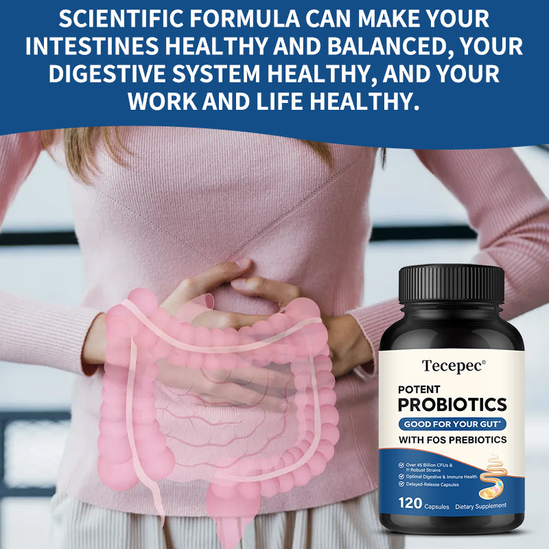Tecepec® Potent Probiotics with FOS Prebiotics (45+ Billion CFUs) – Delayed-Release Digestive & Immune Health Support Supplement (120 Capsules)