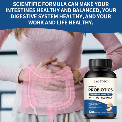 Tecepec® Potent Probiotics with FOS Prebiotics (45+ Billion CFUs) – Delayed-Release Digestive & Immune Health Support Supplement (120 Capsules)