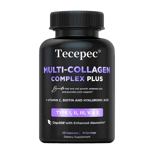 Tecepec® Multi-Collagen Complex Plus (Types I, II, III, V, X) – with Biotin, Hyaluronic Acid & Vitamin C for Hair, Skin, Nails & Joint Health