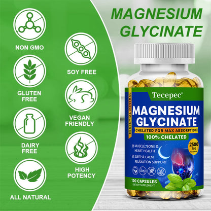 Tecepec® Magnesium Glycinate Capsules | 100% Chelated for Maximum Absorption, Sleep Support & Muscle Relaxation