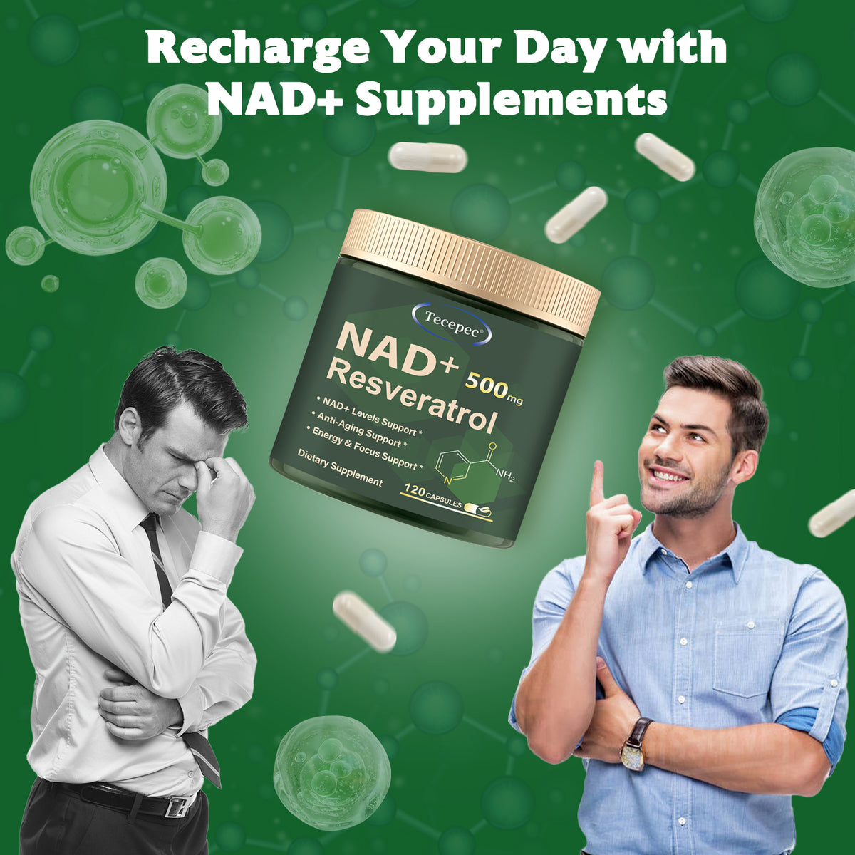 Tecepec® NAD+ 500mg with Resveratrol – Premium Anti-Aging Supplement for Cellular Energy, Focus & Longevity Support