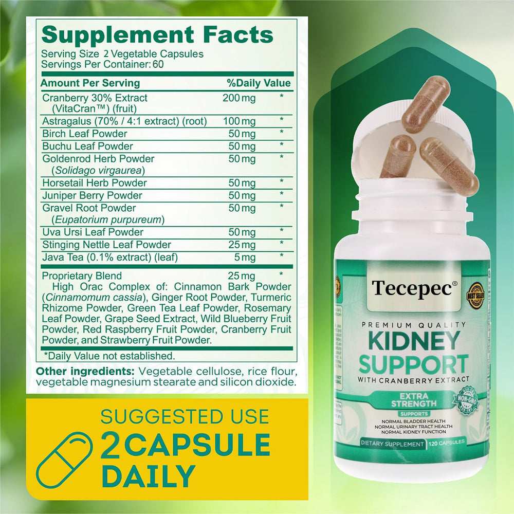 Tecepec® Extra Strength Kidney Support with Cranberry Extract | Bladder & Urinary Tract Cleanse Supplement