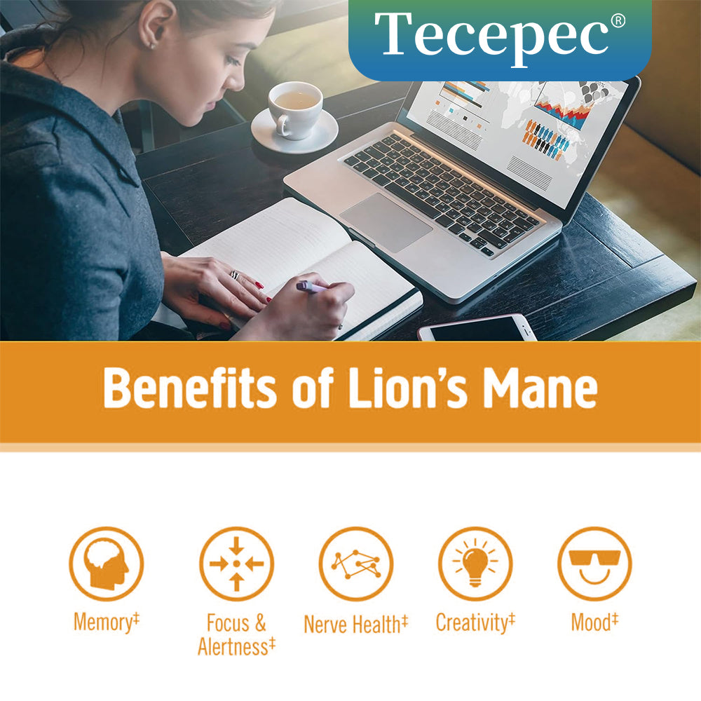 Tecepec® Lion's Mane Mushroom Extract 2100mg – Nootropic Supplement for Memory, Focus, Cognitive & Mood Support (120 Capsules)