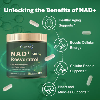 Tecepec® NAD+ 500mg with Resveratrol – Premium Anti-Aging Supplement for Cellular Energy, Focus & Longevity Support