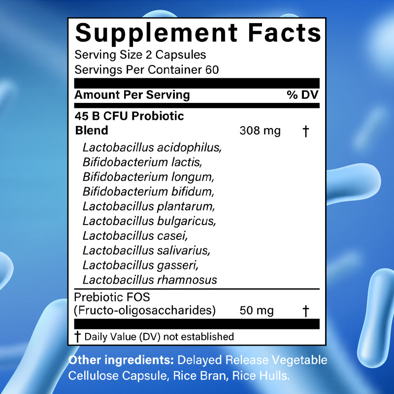 Tecepec® Potent Probiotics with FOS Prebiotics (45+ Billion CFUs) – Delayed-Release Digestive & Immune Health Support Supplement (120 Capsules)