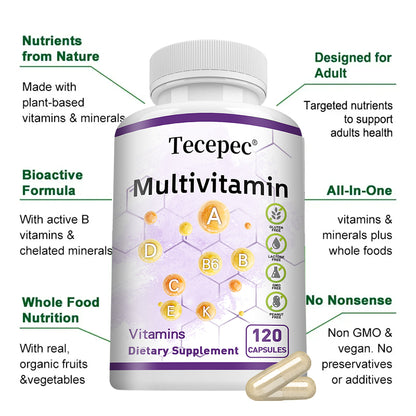 Tecepec® Plant-Based Multivitamin Complex | Vegan Daily Essentials with Bioactive B-Vitamins, Chelated Minerals & Whole Food Nutrients for Immune Support & Natural Energy