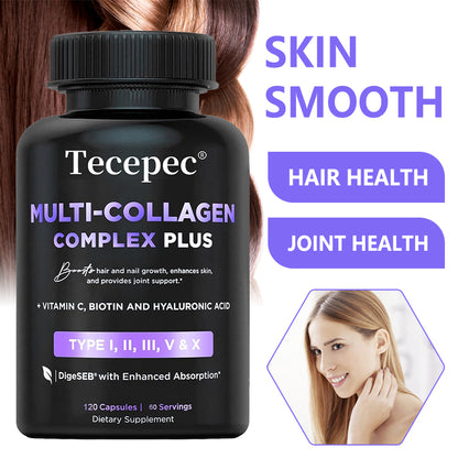 Tecepec® Multi-Collagen Complex Plus (Types I, II, III, V, X) – with Biotin, Hyaluronic Acid & Vitamin C for Hair, Skin, Nails & Joint Health