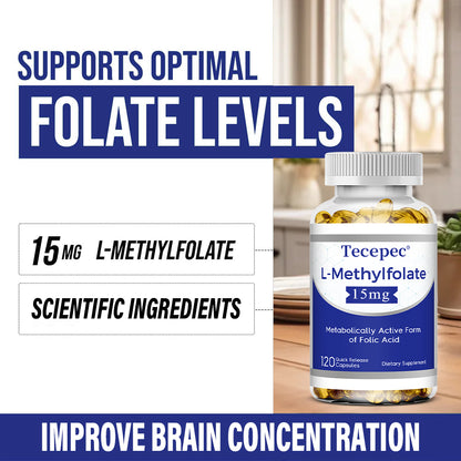 Tecepec® L-Methylfolate 15mg Capsules | Bioactive Form of Folic Acid for Brain Health, Mood Support & Mental Clarity