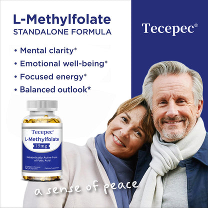 Tecepec® L-Methylfolate 15mg Capsules | Bioactive Form of Folic Acid for Brain Health, Mood Support & Mental Clarity