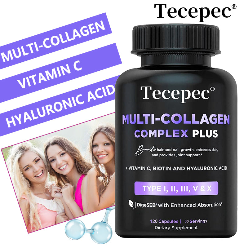 Tecepec® Multi-Collagen Complex Plus (Types I, II, III, V, X) – with Biotin, Hyaluronic Acid & Vitamin C for Hair, Skin, Nails & Joint Health