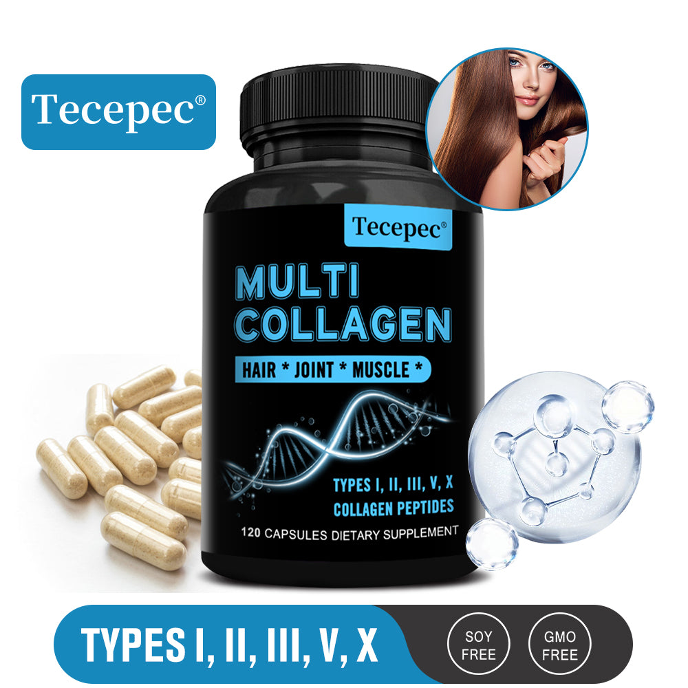 Tecepec® Multi Collagen Peptides Capsules (Types I, II, III, V, X) – Joint, Bone Growth, Muscle & Hair Health Support (120 Capsules)